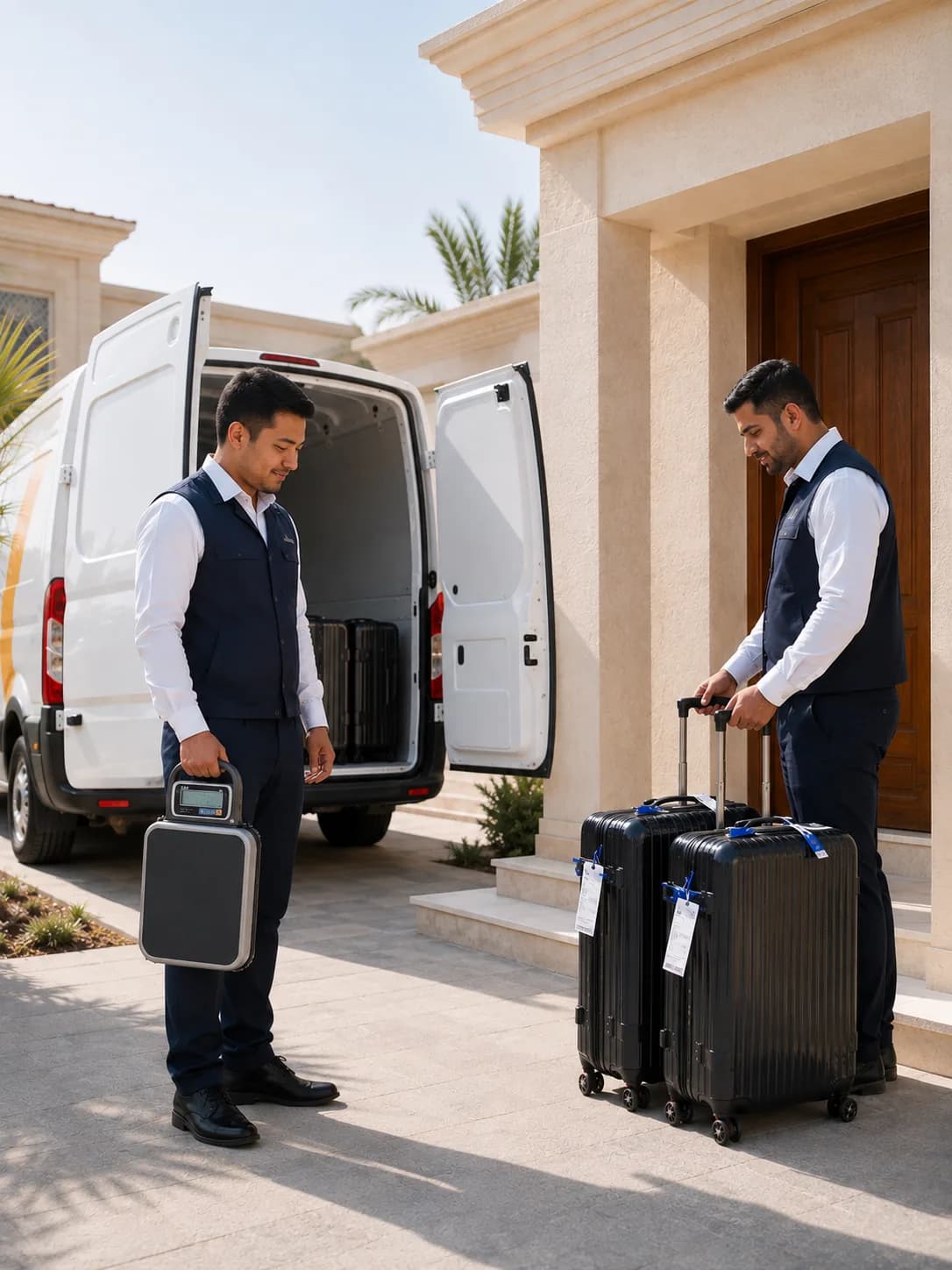 Two FlyThru agents at a customer's front door, one holding a baggage scale beside the open van, the other with two tagged and sealed suitcases