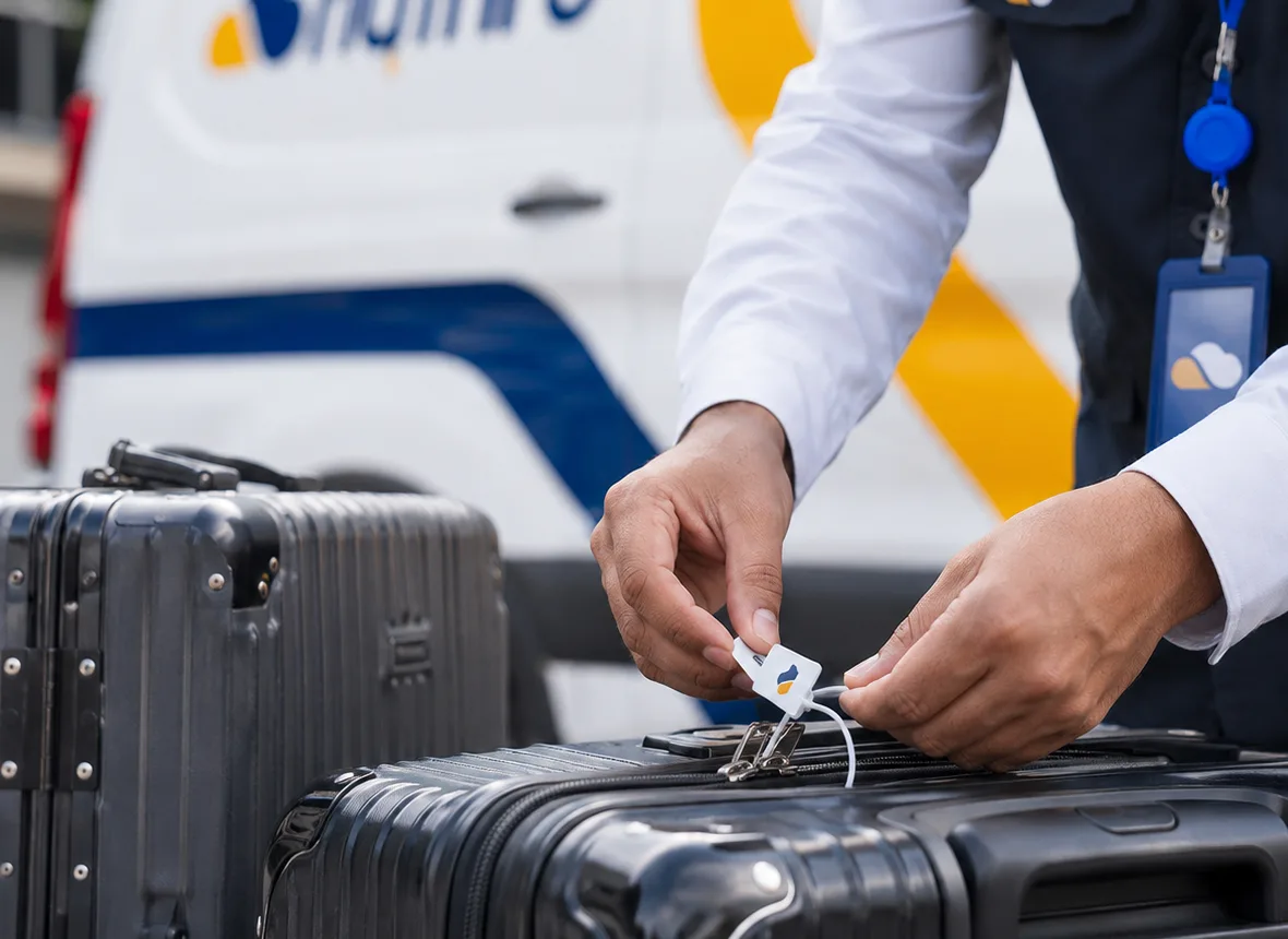 A FlyThru agent sealing a passenger's suitcase with a tamper-evident tag